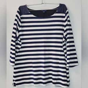 Tommy Hilfiger Navy Blue White Striped Cotton Faux Leather Top Shirt Sz XL